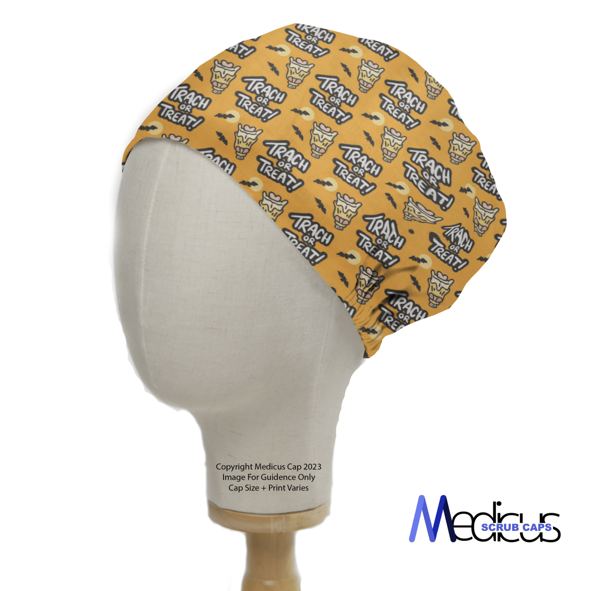 A mannequin head showcases the eco-friendly Medicus Scrub Caps Halloween Tract or Treat cap against an orange backdrop, featuring a cartoon wolf and TRICK OR TREAT text, combining festive Halloween vibes with sustainable choices.