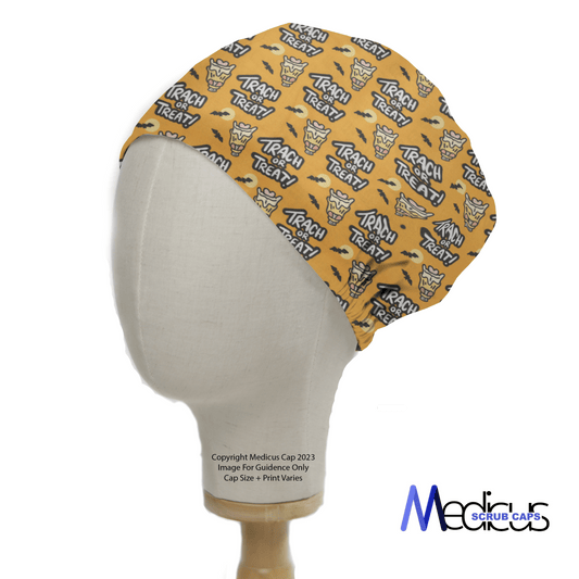 A mannequin head showcases the eco-friendly Medicus Scrub Caps Halloween Tract or Treat cap against an orange backdrop, featuring a cartoon wolf and TRICK OR TREAT text, combining festive Halloween vibes with sustainable choices.