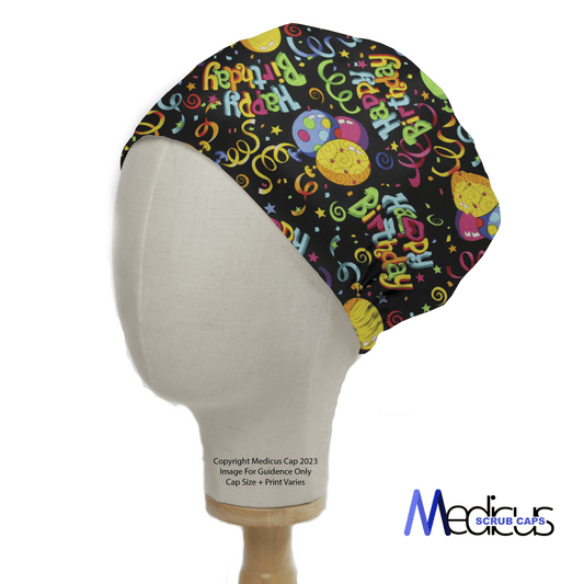 A mannequin showcases the vibrant Happy Birthday Scrub Cap by Medicus Scrub Caps, featuring colorful balloons and stars on a black background. Ideal for healthcare professionals, this sustainable scrub hat is perfect for adding a festive touch to any medical setting.