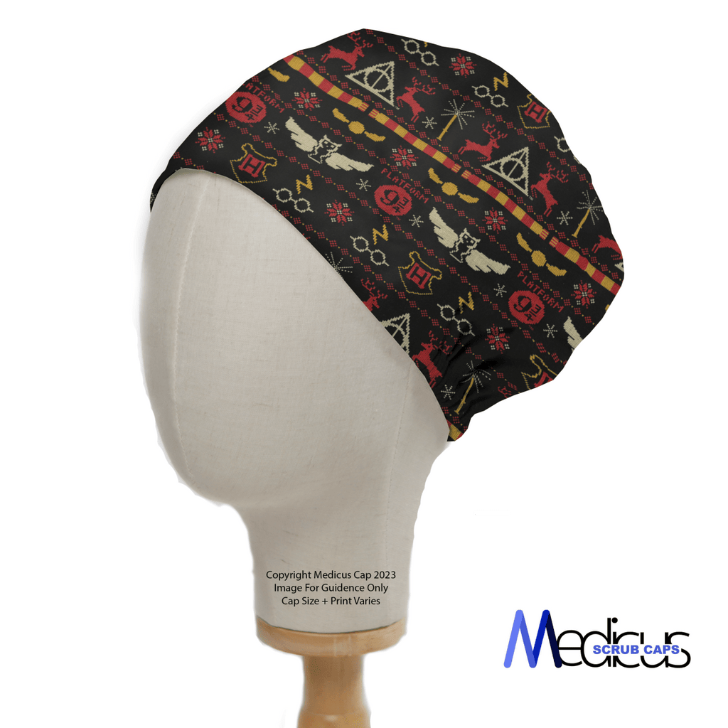 A mannequin head dons the Harry Potter Christmas Jumper Scrub Cap by Medicus Scrub Caps, featuring black fabric with red and gold wizard-themed symbols like glasses, wands, potions, and owls. This eco-friendly cap adds a whimsical touch to healthcare attire for professionals.