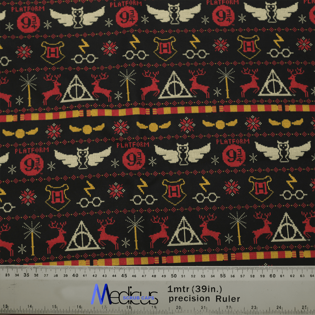 This eco-friendly Harry Potter Christmas Jumper scrub cap by Medicus Scrub Caps is adorned with owls, lightning bolts, deer, and motifs like Platform 9¾ and H, all in red and white on black. A ruler at the bottom offers inches and meters measurements—ideal for whimsical attire fans.