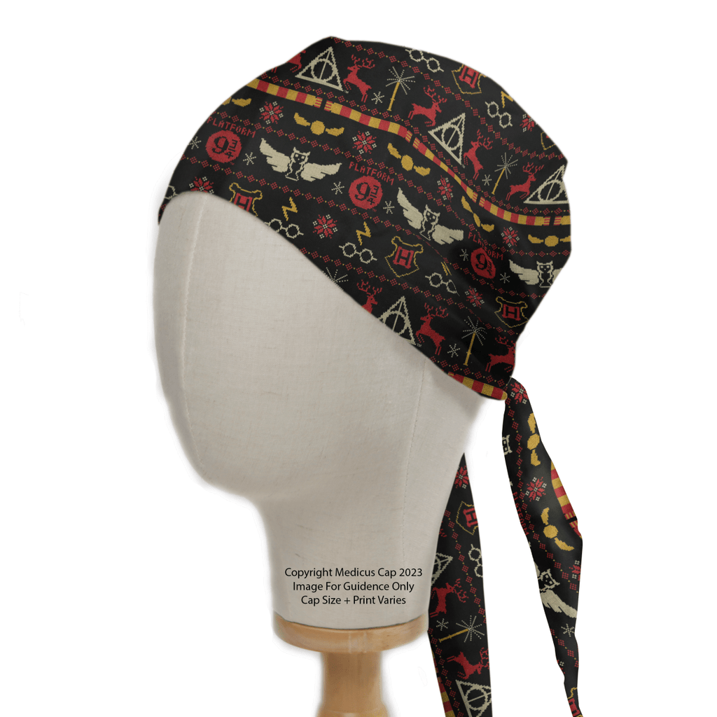A mannequin head displays the eco-friendly Harry Potter Christmas Jumper Scrub Cap by Medicus Scrub Caps, featuring a whimsical black and red design with enchanting owls, lightning bolts, deer, snakes, and magical symbols. Perfect for fans of magical healthcare attire.