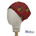 A mannequin head displays the Harry Potter Gryffindor Scrub Cap by Medicus Scrub Caps, featuring dark stripes and a crest pattern. The brand logo elegantly appears at the bottom right corner, highlighting this reusable cap inspired by the legendary series.