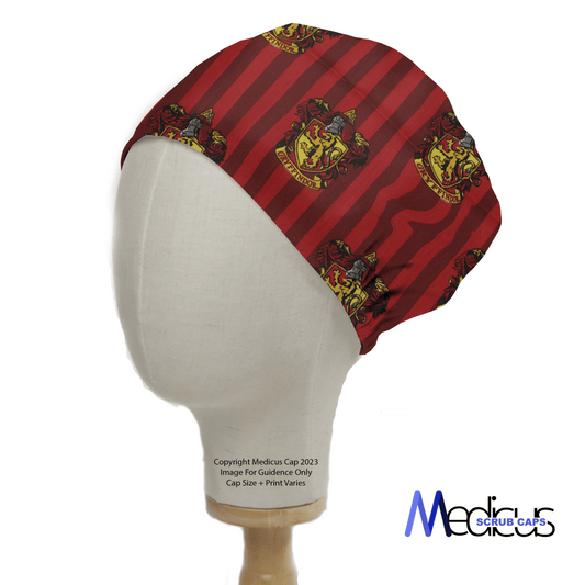 A mannequin head displays the Harry Potter Gryffindor Scrub Cap by Medicus Scrub Caps, featuring dark stripes and a crest pattern. The brand logo elegantly appears at the bottom right corner, highlighting this reusable cap inspired by the legendary series.