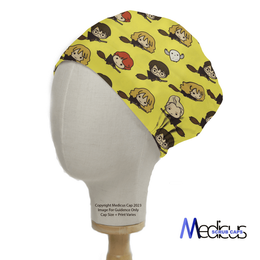 The Harry Potter Nimbus 2000 Scrub Cap by Medicus Scrub Caps features cartoon faces with colorful hairstyles and glasses plus a white speech bubble. Reminiscent of Harry Potters whimsical world, it adds magic to your attire and is elegantly displayed on a mannequin head.