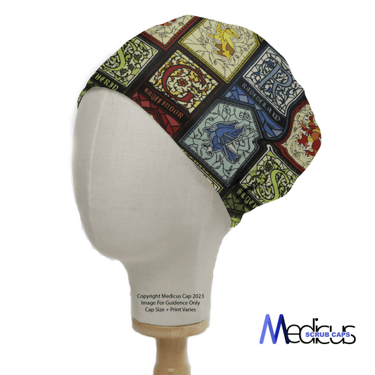 A mannequin head displays the Harry Potter Stain Glass Scrub Cap by Medicus Scrub Caps, featuring eco-friendly design with magical school-inspired house emblems, animals, and colors.