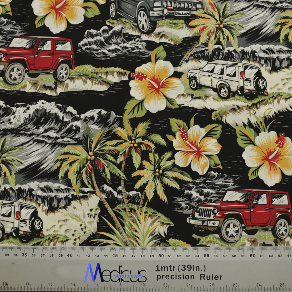 The Hawaiian Shirt Jungle Scrub Cap by Medicus Scrub Caps features a colorful tropical-themed fabric with red and white SUVs, hibiscus flowers, palm trees, and ocean waves. A ruler at the bottom indicates 1 meter and 39 in. with a central logo.