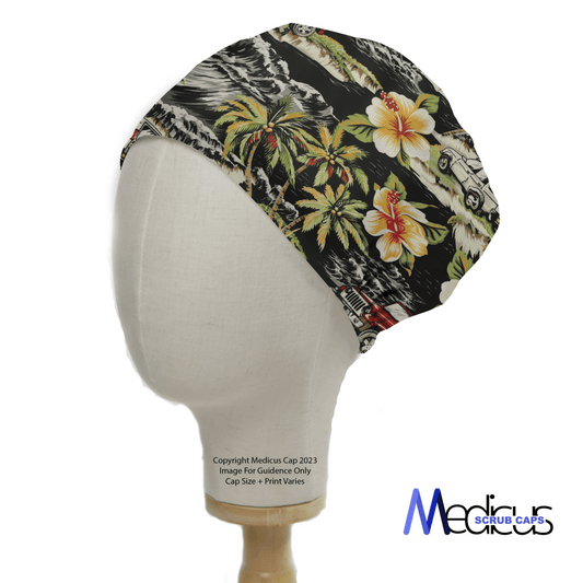 A mannequin head showcases the Hawaiian Shirt Jungle Scrub Cap by Medicus Scrub Caps, featuring large yellow hibiscus and green leaves on a black background, similar to a Hawaiian shirt. Perfect for healthcare professionals, the Medicus logo is prominently displayed in the bottom right corner.