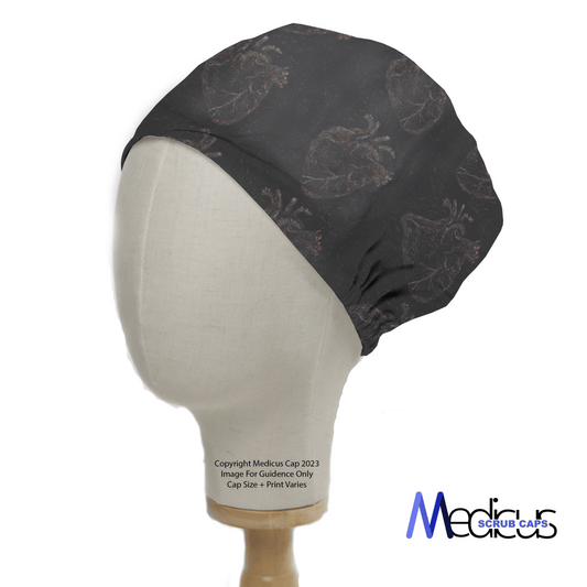 Displayed on a mannequin, the Heart Faded On Black Scrub Cap by Medicus Scrub Caps features anatomical heart illustrations with a subtle fade, combining style and function.