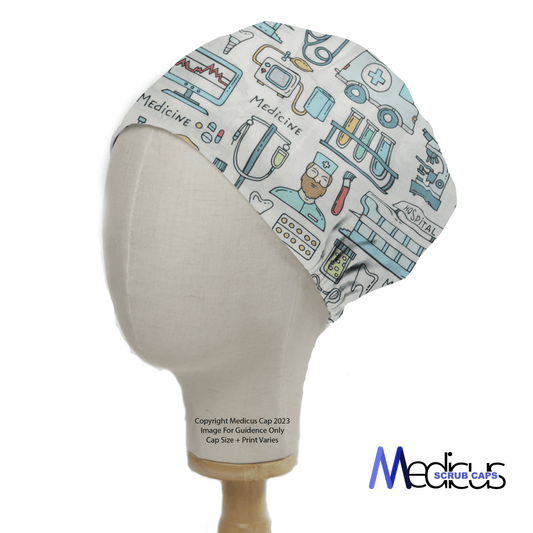 The mannequin wears a Medicus Scrub Caps Hospital Surgery Large Cartoon Scrub Cap, featuring medical-themed illustrations like stethoscopes and ambulances. Set against a white backdrop, the brand Medicus is visible, making it a lively addition to any healthcare setting.