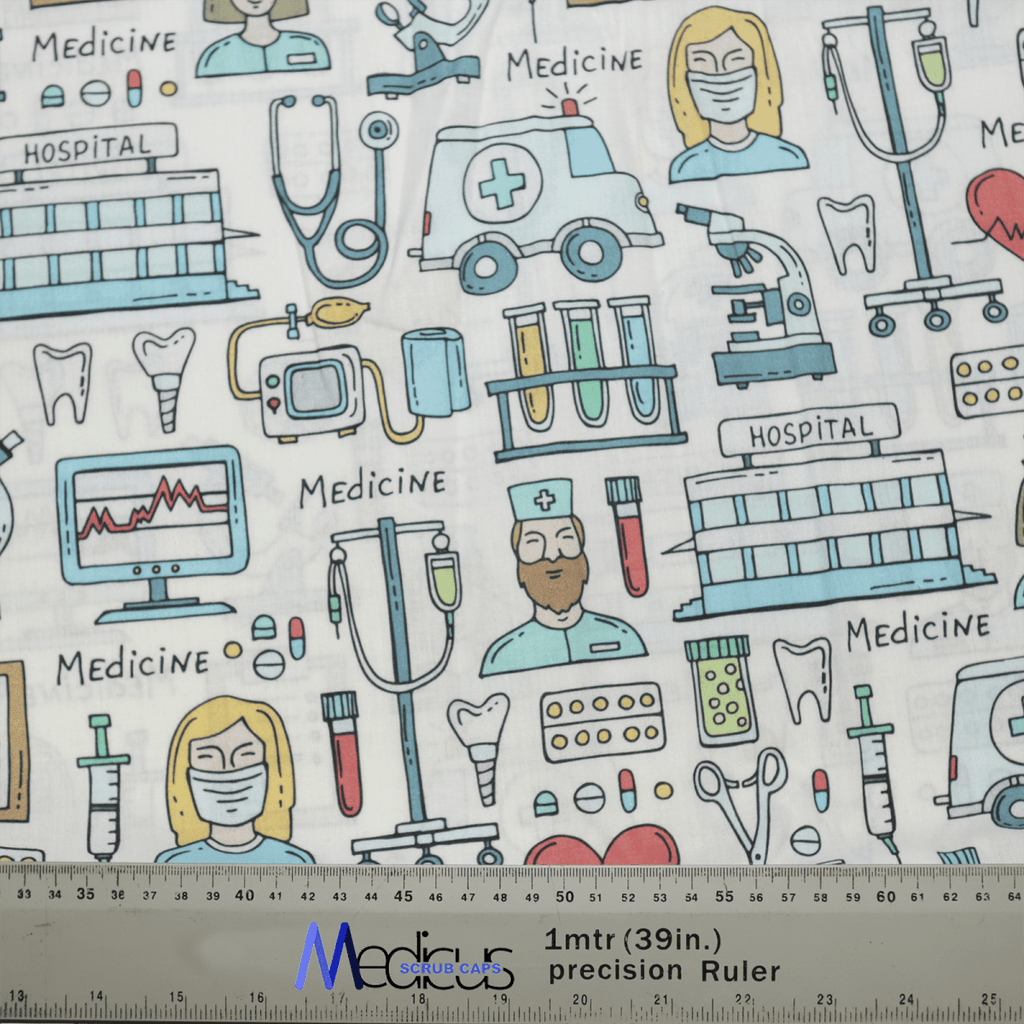 The Medicus Scrub Caps Hospital Surgery Large Cartoon Scrub Cap is perfect for medical-themed designs, showcasing doctors, nurses, hospitals, and equipment like stethoscopes and syringes. Medicine stands out boldly, accompanied by a centimeter and inch ruler at the bottom.