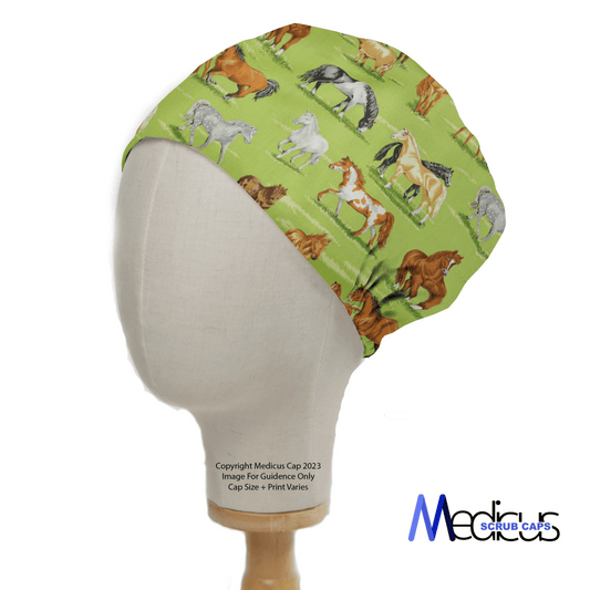 A mannequin head wears the Medicus Scrub Caps Horses In Field green scrub cap, decorated with lively horse illustrations and featuring the brands logo at the bottom right, highlighting their dedication to sustainable products.