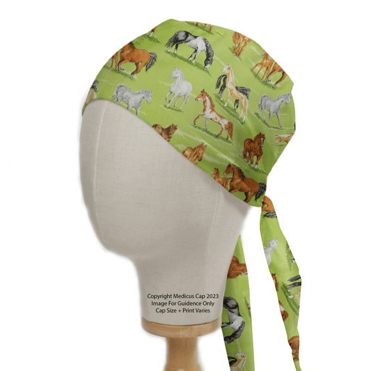 A mannequin showcases a green scrub cap with horse designs, tying at the back. Its labeled Copyright Medicus Scrub Caps 2023. Image for Guidance Only. Cap Size - Print Varies. Perfect for those wanting personalized options in scrub caps, this is the Horses In Field style by Medicus Scrub Caps.