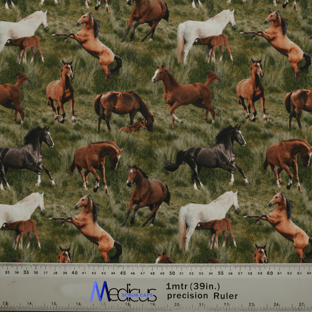 The Horses Roaming Free Scrub Cap by Medicus Scrub Caps features a patterned fabric of horses galloping and rearing on grass. Ideal for eco-friendly projects, it includes a bottom ruler measuring up to 1 meter (39 inches).