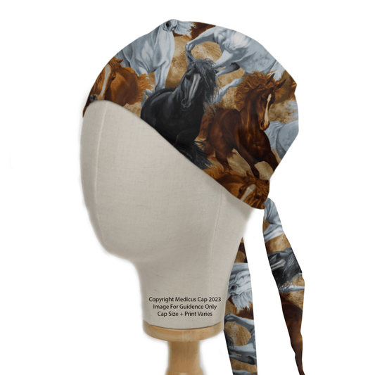 A mannequin head displays an eco-friendly Horses Run Wild Scrub Cap by Medicus Scrub Caps, featuring a dynamic pattern of galloping horses in brown, black, and white. The cap ties at the back with long straps.