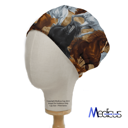 A mannequin head models the eco-friendly Horses Run Wild Scrub Cap with a design of horses in brown, white, and black, featuring Medicus Scrub Caps at the bottom.