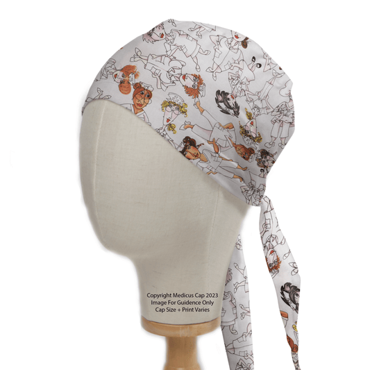 A mannequin head showcases the Medicus Scrub Caps Hospital Nurses Standing by Scrub Cap, featuring colorful, cartoon-style ballet dancers and musicians. This white scrub cap combines style with sustainable healthcare and includes an adjustable tie at the back for comfort.