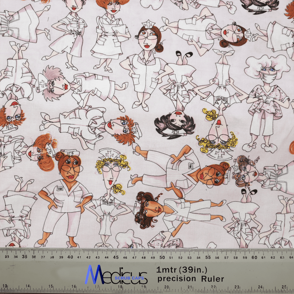 The fabric shows cartoon characters in medical attire, including some with orange hair and glasses, scattered on white. A ruler at the bottom measures in meters and inches. Ideal for creating a unique scrub cap, it showcases the brand Medicus Scrub Caps.