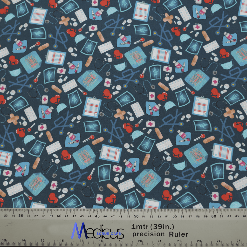 The Hospital Surgery Admin On Navy Scrub Cap by Medicus Scrub Caps showcases medical-themed prints like stethoscopes and syringes on a dark background, ideal for healthcare professionals. A ruler along the edge offers a helpful scale reference.