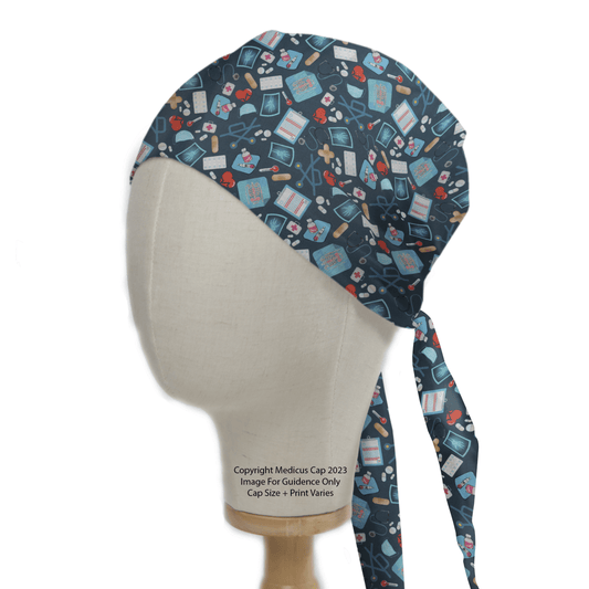 A mannequin head showcases the Hospital Surgery Admin On Navy Scrub Cap by Medicus Scrub Caps, decorated with medical icons like stethoscopes, syringes, tablets, and band-aids on a dark background—ideal for healthcare professionals wanting stylish attire.