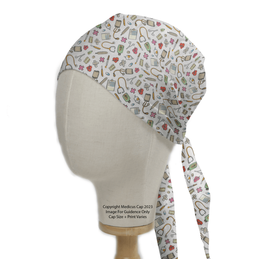 A Medicus Scrub Caps mannequin displays the Hospital Tools On White #2 scrub cap, featuring stethoscopes, syringes, pills, and charts on a white background with a sustainable design and long ties.