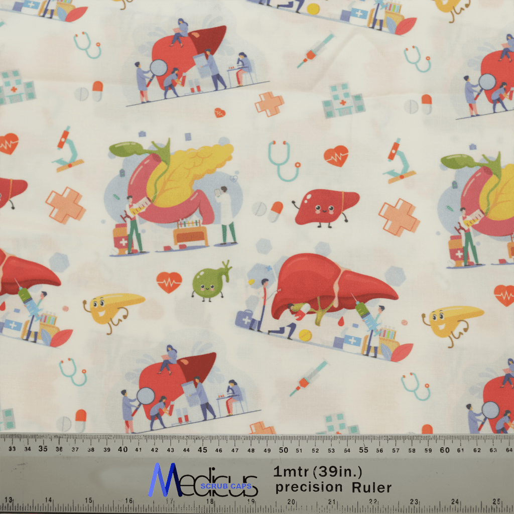 The Medicus Scrub Caps Human Body Gall Bladder Liver Pancreas Scrub Cap features colorful, cartoon organs like livers and gall bladders on a white background with medical-themed elements.
