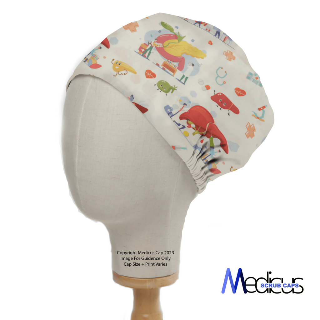 A mannequin displays the Medicus Scrub Caps Human Body Gall Bladder Liver Pancreas Scrub Cap, featuring a colorful medical-themed print with cartoon organs, pills, and healthcare symbols.