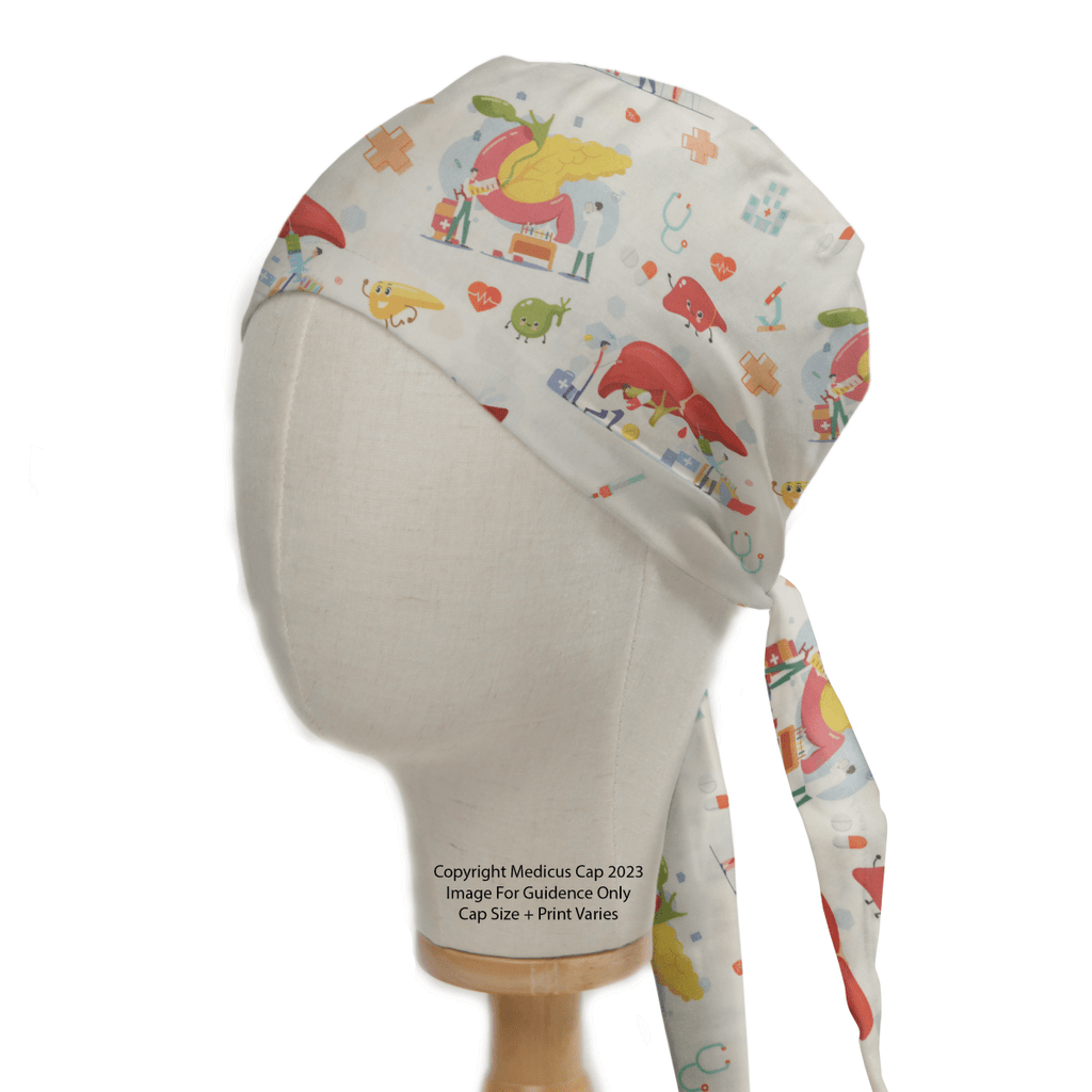 A mannequin head models a Medicus Scrub Caps Human Body Gall Bladder Liver Pancreas Scrub Cap, featuring colorful anatomical organs and medical-themed illustrations on white fabric.
