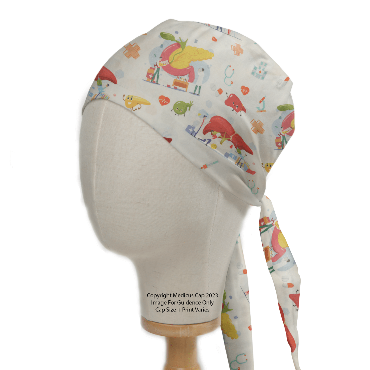 A mannequin head models a Medicus Scrub Caps Human Body Gall Bladder Liver Pancreas Scrub Cap, featuring colorful anatomical organs and medical-themed illustrations on white fabric.