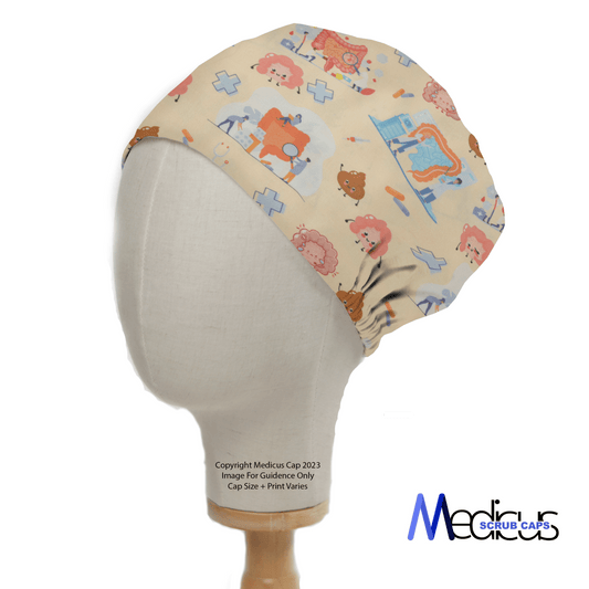 A mannequin head displays the Human Body Lower GI Intestines Poo Scrub Cap by Medicus Scrub Caps, featuring a beige background with playful medical-themed prints.