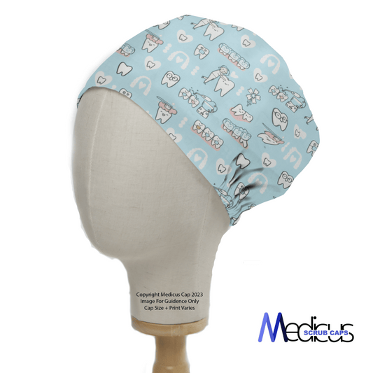 The Medicus Scrub Caps Hygienist Teeth Cleaning Blue Scrub Cap features a light blue, dental-themed pattern with cartoon teeth and tools. Ideal for healthcare workers, especially hygienists, it is shown on a mannequin head against a plain background.