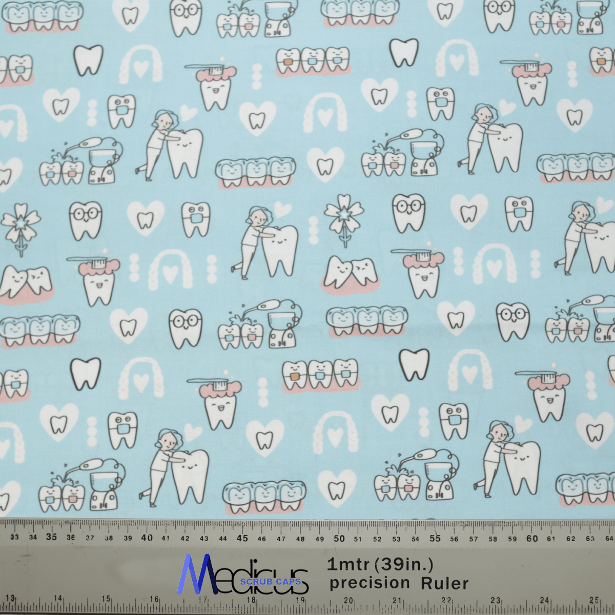 The Hygienist Teeth Cleaning Blue Scrub Cap by Medicus Scrub Caps features a dental theme with cartoon teeth, tools, and smiling dentists with toothbrushes. This vibrant blue fabric is ideal for healthcare workers and includes a black ruler along the edge with centimeters and inches.