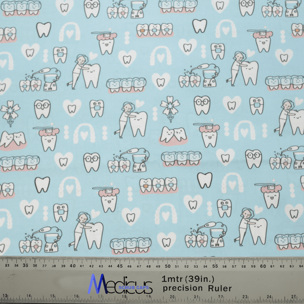 The Hygienist Teeth Cleaning Blue Scrub Cap by Medicus Scrub Caps features a dental theme with cartoon teeth, tools, and smiling dentists with toothbrushes. This vibrant blue fabric is ideal for healthcare workers and includes a black ruler along the edge with centimeters and inches.