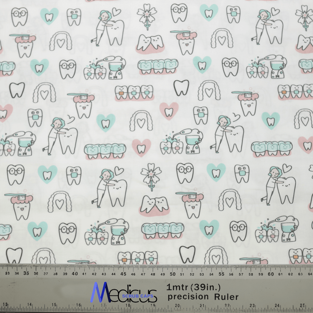 The Hygienist Teeth Cleaning White Scrub Cap by Medicus Scrub Caps features charming pastel dental-themed icons, such as teeth, toothbrushes, and tools. Happy tooth characters enhance the appeal, while a measuring ruler at the bottom indicates fabric length.
