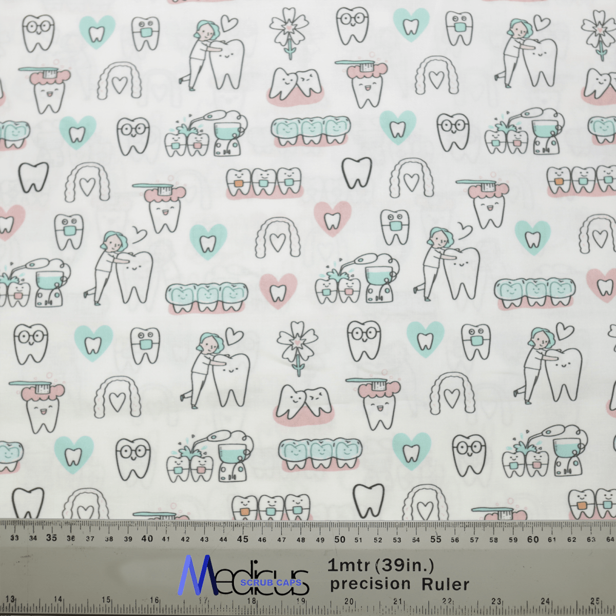 The Hygienist Teeth Cleaning White Scrub Cap by Medicus Scrub Caps features charming pastel dental-themed icons, such as teeth, toothbrushes, and tools. Happy tooth characters enhance the appeal, while a measuring ruler at the bottom indicates fabric length.