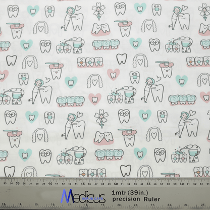 The Hygienist Teeth Cleaning White Scrub Cap by Medicus Scrub Caps features charming pastel dental-themed icons, such as teeth, toothbrushes, and tools. Happy tooth characters enhance the appeal, while a measuring ruler at the bottom indicates fabric length.