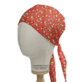 The Iron Man Cartoon Kawaii Scrub Cap by Medicus Scrub Caps, shown on a mannequin head, features a red design with kawaii Iron Man and star patterns. A tied strap adds to its sustainable appeal, perfect for work or leisure.