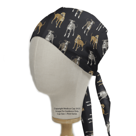 Side view of a mannequin wearing an Italian Greyhound Dogs Very Dark Navy Scrub Cap by Medicus Scrub Caps, featuring vibrant Italian Greyhounds on a dark background. This sustainable choice includes long, adjustable ties for optimal comfort.