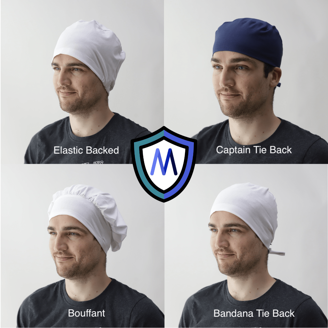 A man showcases Medicus Scrub Caps Italian Greyhound Dogs Very Dark Navy collection against a white backdrop. Top left: Elastic Backed. Top right: Captain Tie Back. Bottom left: Bouffant, eco-friendly. Bottom right: Bandana Tie Back. A central stylized M shield logo is prominently featured.