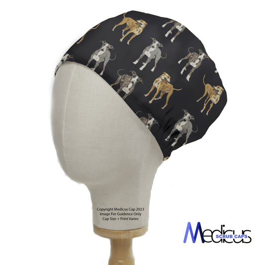 The mannequin head displays a navy scrub cap with grey and brown Italian Greyhound dogs, labeled Medicus Scrub Caps at the bottom right.