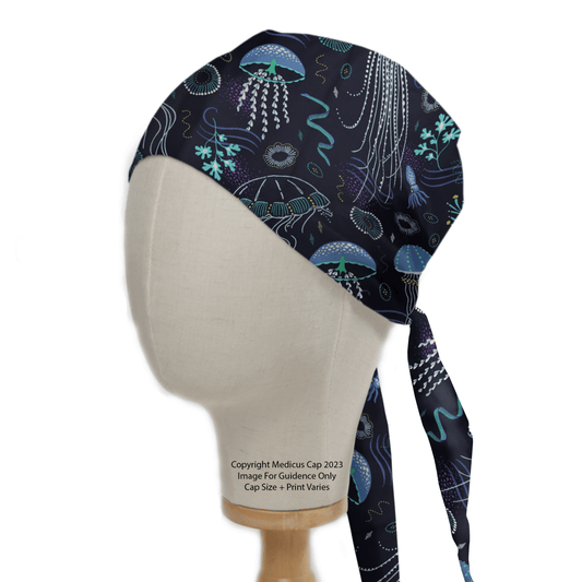 Medicus Scrub Caps Jellyfish Sea Scrub Cap, ideal for healthcare professionals, showcases jellyfish, seaweed, and coral patterns on a dark background. Made from sustainable materials, it includes elegant back ties and subtle copyright text.