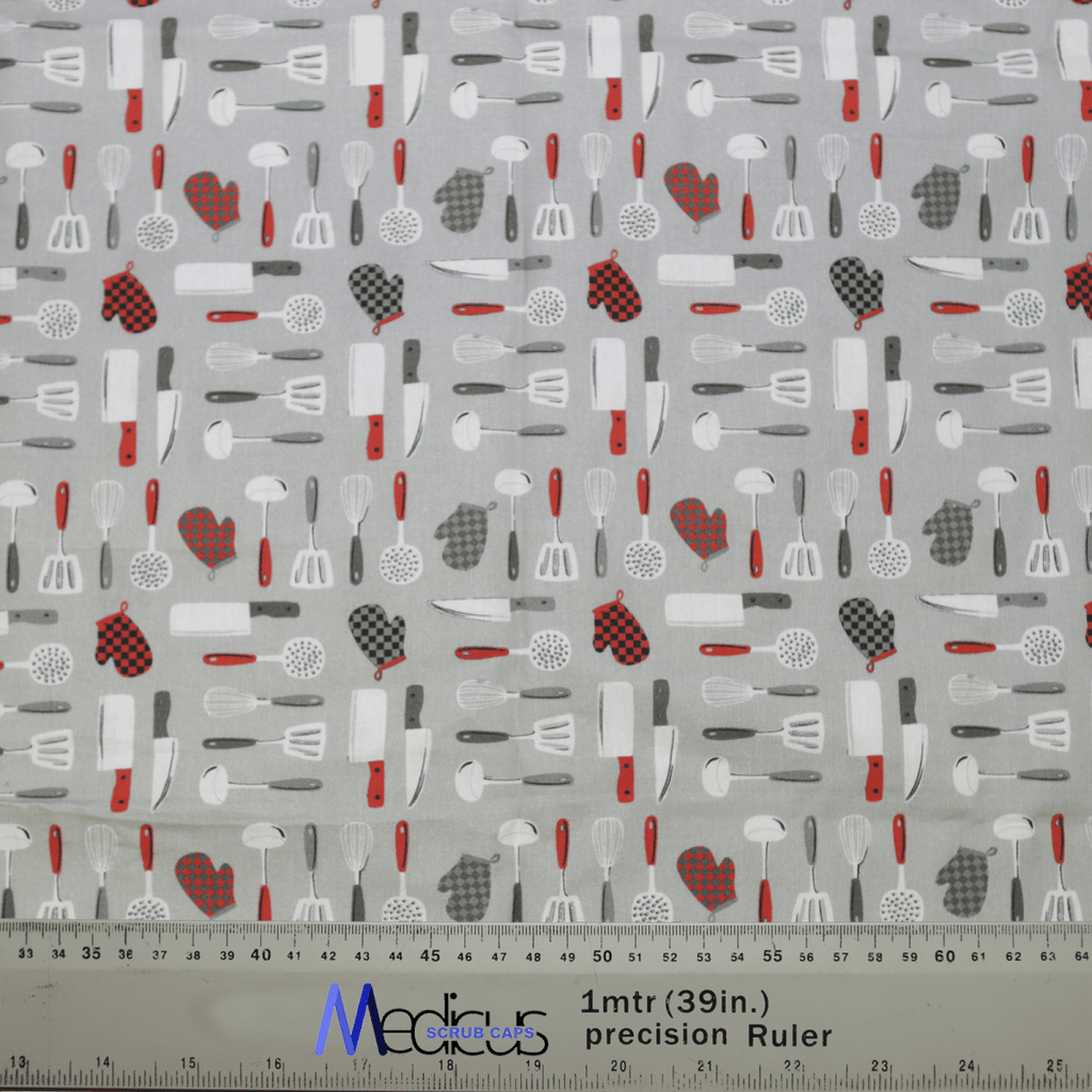 The Kitchen Knives Scrub Cap from Medicus Scrub Caps is a sustainable fabric with kitchen utensil patterns like rolling pins, whisks, and spatulas in red, black, and white on light gray. Ideal for tailored fit projects, it features a 1 meter (39 inches) ruler at the bottom.