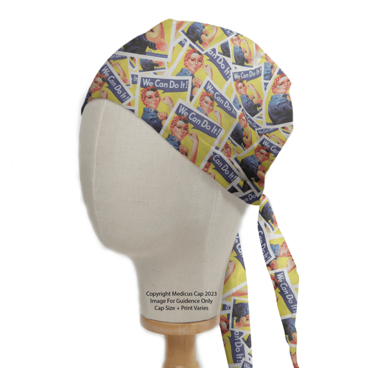 A mannequin head dons the Medicus Scrub Caps Land Army Women We Can Do It reusable scrub cap, featuring a vintage woman flexing her arm, symbolizing empowerment and strength in sustainable healthcare.