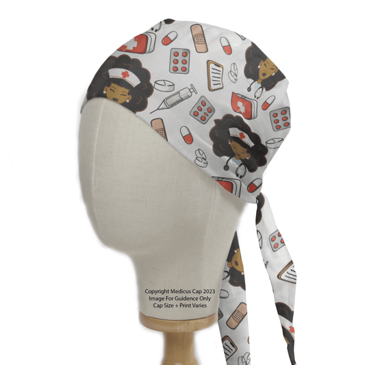 The Medicus Scrub Caps Large Print Nurse Scrub Cap is eco-friendly and features a playful, colorful print of medical items like pills, syringes, and nurse characters on white. Its displayed on a mannequin head and offers an impeccable fit for comfort and style.