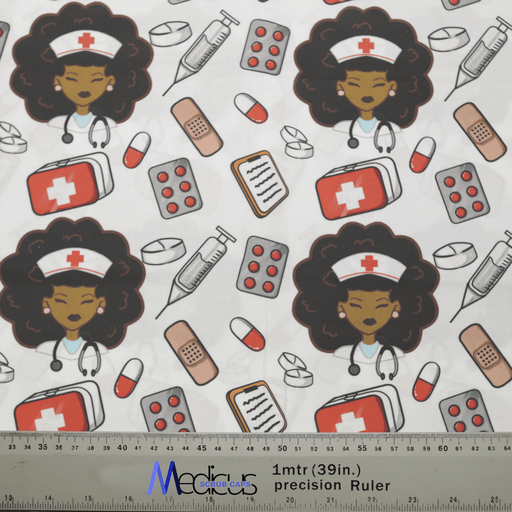 Medicus Scrub Caps presents the Large Print Nurse Scrub Cap, adorned with vibrant illustrations of a nurse with a stethoscope and medical items like a syringe, pill bottle, pills, scissors, and first aid kits. The playful design ensures an impeccable fit, featuring a ruler for scale.