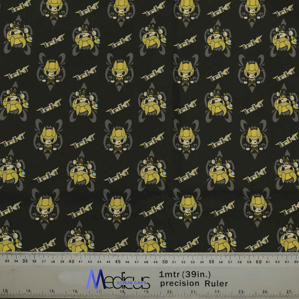The LOKI Kawaii Scrub Cap by Medicus Scrub Caps features an eco-friendly patterned fabric with yellow cartoon cows wearing helmets and goggles on a black backdrop. A ruler at the bottom offers measurements in centimeters and inches for customizable designs.