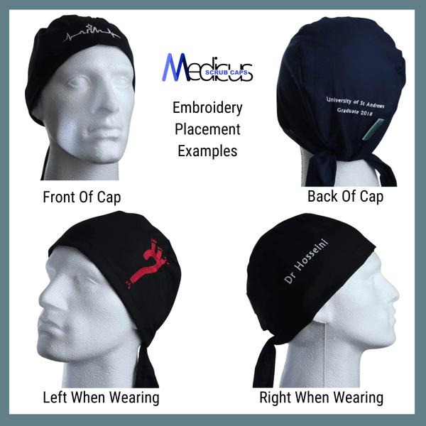 A collage of mannequin heads features eco-conscious Medicus Scrub Caps, including the LOKI Kawaii Scrub Cap with customizable embroidery: front brand logo, back University of St Andrews Graduate 2011, left red logo, right name Dr Hosseini. Each cap offers tailored design perfection.