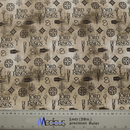 The Lord Of The Rings Titles Scrub Cap by Medicus Scrub Caps features eco-friendly fabric adorned with repeated Lord of the Rings logos, swords, rings, and mystical symbols on a beige background. A ruler at the bottom measures up to 1 meter or 39 inches in size.