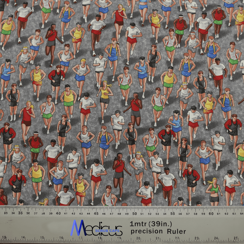 The Marathon Runners Scrub Cap by Medicus Scrub Caps features colorful, patterned fabric with marathon runners in athletic attire on a gray background. A white 1-meter ruler labeled Medcars is visible at the bottom, ideal for healthcare professionals seeking a customized fit.