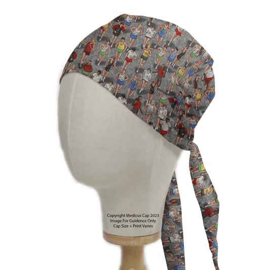 The side view of a mannequin head features the Medicus Scrub Caps Marathon Runners Scrub Cap with a customized fit and vibrant illustrations of doctors and nurses in various poses against a subtle gray background.